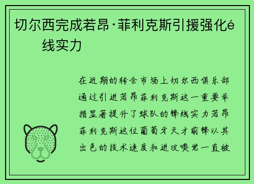 切尔西完成若昂·菲利克斯引援强化锋线实力