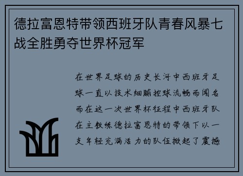 德拉富恩特带领西班牙队青春风暴七战全胜勇夺世界杯冠军 德拉富恩特带领西班牙队青春风暴七战全胜勇夺世界杯冠军